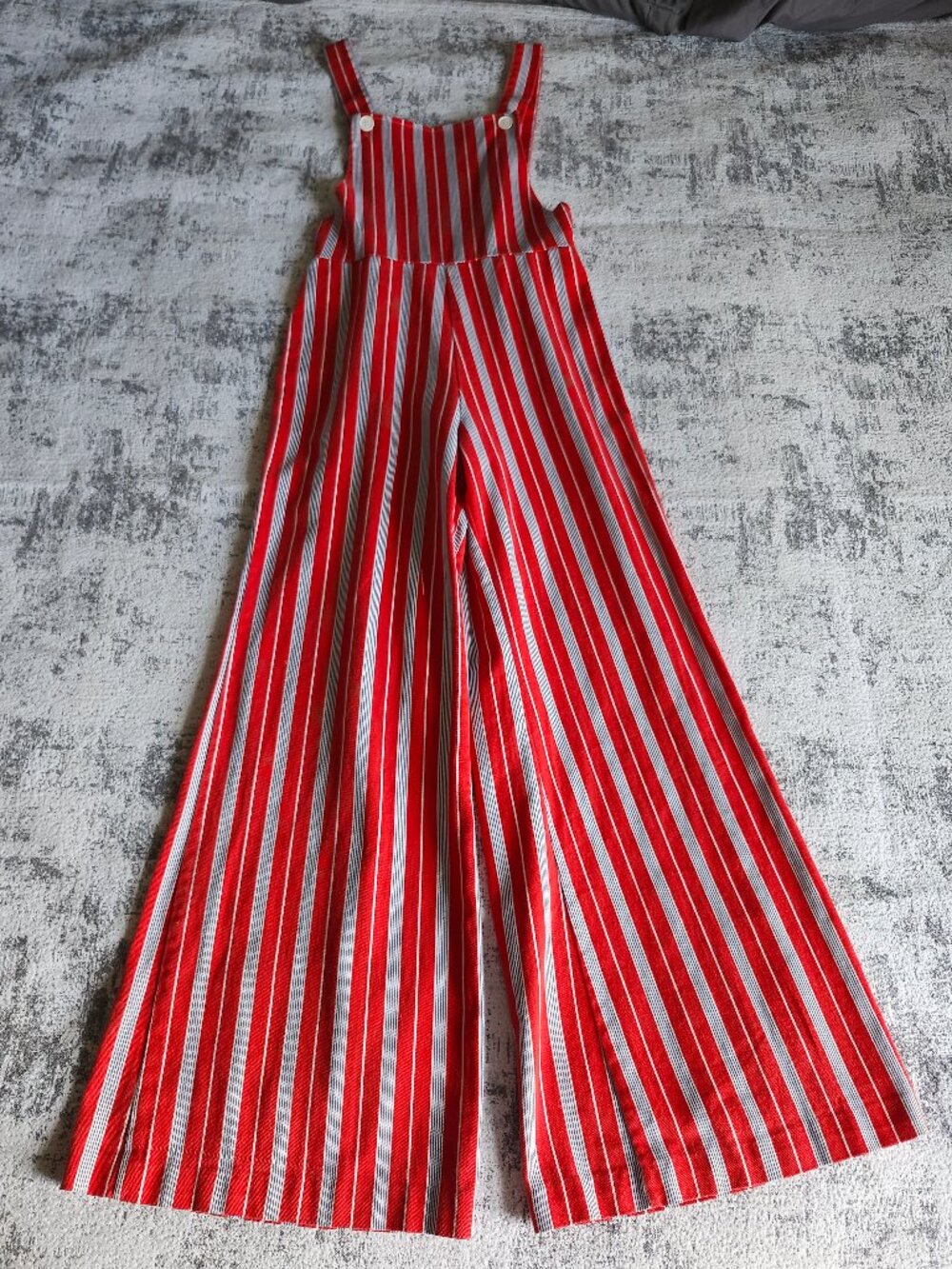 VTG JC Penny 70s Red White Candy Stripe Flare Overall Jumpsuit w Button front